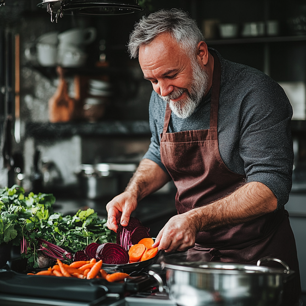 Мъж на 58 години готви здравословна храна в модерна кухня, държи моркови и червено цвекло, изглежда концентриран и щастлив