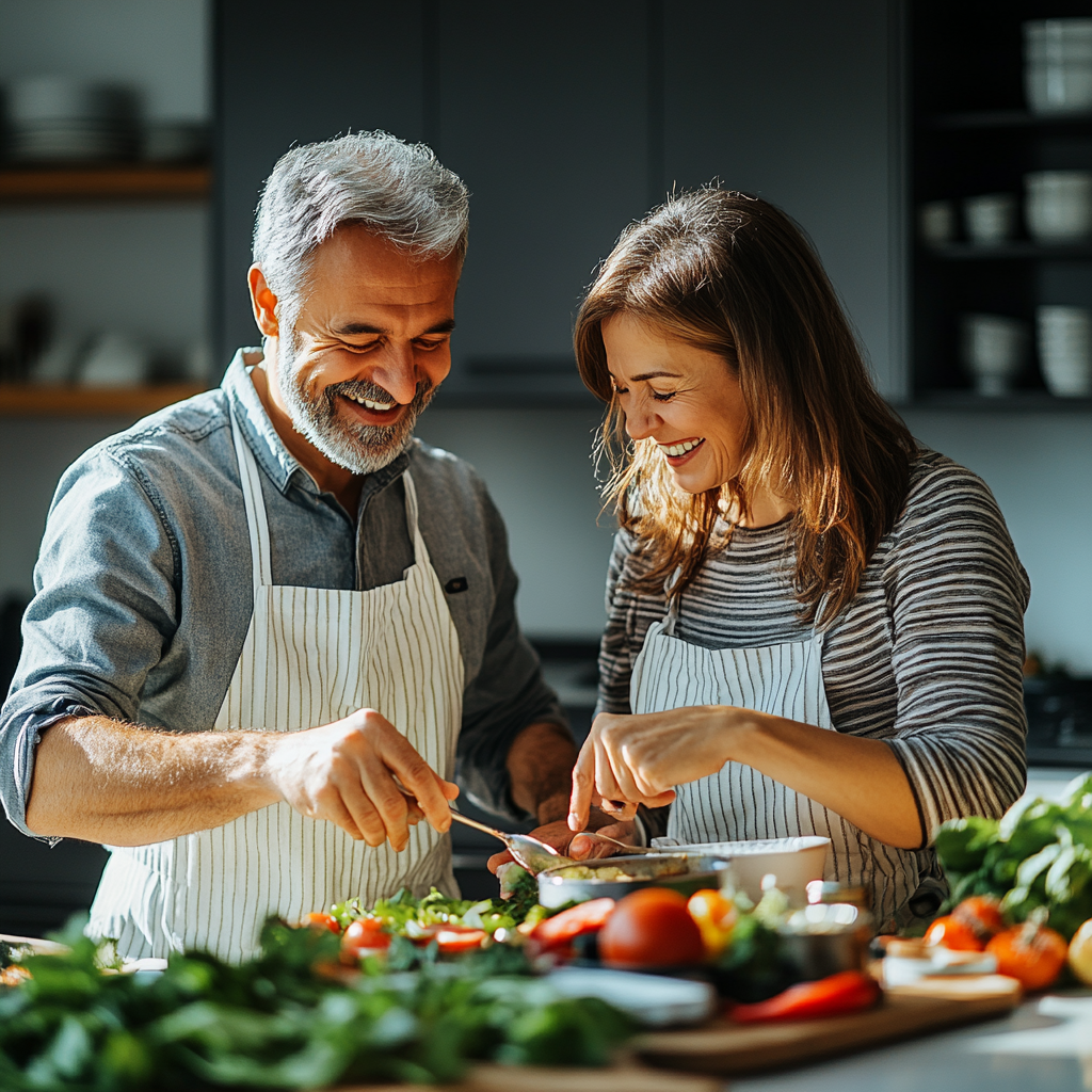 Двойка в средна възраст, около 52 и 56 години, готвят заедно здравословна храна, усмихнати и работят в синхрон в светла кухня