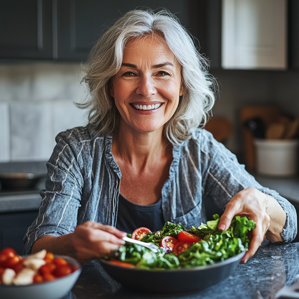 Усмихната жена на 55 години, седнала на кухненската маса, разглежда здравословна салата, изглежда доволна и енергична